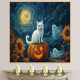 Whimsical Halloween Night with White Cat on Jack-o’-Lantern, Sunflowers, Glowing Ghosts, and a Starry Swirled Sky on Ready to Hang 1.5" Thick Canvas Wrap, Floating Framed Canvas, Flat Rolled Canvas