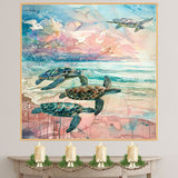 Four Sea Turtles Swimming in a Pastel Ocean Watercolor with Splash Texture and Expressive Beach Horizon Art on Ready to Hang 1.5" Thick Canvas Wrap, Floating Framed Canvas, Flat Rolled Canvas