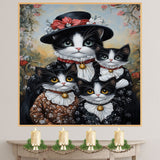 Victorian Springtime: Tuxedo Cat Mom and Three Kittens in Floral Dresses on Ready to Hang 1.5" Thick Canvas Wrap, Floating Framed Canvas, Flat Rolled Canvas