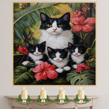 Enchanted Tropics: Tuxedo Cat Mom and Three Kittens Amidst Lush Greenery on Ready to Hang 1.5" Thick Canvas Wrap, Floating Framed Canvas, Flat Rolled Canvas