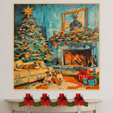 A Vintage Christmas Scene of a Living Room With Christmas Tree, Puppies & Gifts on Ready to Hang 1.5" Thick Canvas Wrap, Floating Framed Canvas, Flat Rolled Canvas