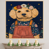 Charming Golden Doodle in Floral Overalls and Flower Crown Playful Dog Art for Nursery Kids Room Living Room Decor and Perfect Gift for Dog Lovers on Ready to Hang 1.5" Thick Canvas Wrap, Floating Framed Canvas, Flat Rolled Canvas