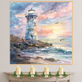 Rustic Lighthouse on Rocky Shore at Sunset with Crashing Waves and Seagulls in Serene Watercolor Coastal Landscape on Ready to Hang 1.5" Thick Canvas Wrap, Floating Framed Canvas, Flat Rolled Canvas