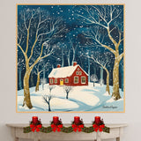 Snowy Forest Scene with Red House, Tall Golden Trees, and Falling Snow Under a Peaceful Starry Winter Night Sky on Ready to Hang 1.5" Thick Canvas Wrap, Floating Framed Canvas, Flat Rolled Canvas