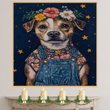 Dog Wearing Overalls and Floral Crown Art Whimsical Animal Painting for Nursery Farmhouse Decor Dog Lover Gift Cute Rustic Wall Print for Bedroom or Living Room on Ready to Hang 1.5" Thick Canvas Wrap, Floating Framed Canvas, Flat Rolled Canvas