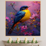 Yellow and Blue Songbird Resting on a Blossom-Filled Branch with Rich Purple and Pink Background on Ready to Hang 1.5" Thick Canvas Wrap, Floating Framed Canvas, Flat Rolled Canvas