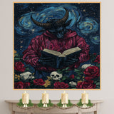 Dark Surreal Art of Horned Devil Figure in Red Hoodie Reading a Book, Surrounded by Skulls, Roses, and Starry Swirling Sky in Gothic Fantasy Style on Ready to Hang 1.5" Thick Canvas Wrap, Floating Framed Canvas, Flat Rolled Canvas