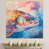 Expressive Watercolor Fish Close-Up in Multicolor with Blue and Pink Ocean Splash Background Illustration Art Print on Ready to Hang 1.5" Thick Canvas Wrap, Floating Framed Canvas, Flat Rolled Canvas