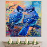 Blue Jay Pair with Striking Feathers on Colorful Abstract Branch Background Ideal Gift for Birdwatchers Nature Lovers and Artistic Home Accents on Ready to Hang 1.5" Thick Canvas Wrap, Floating Framed Canvas, Flat Rolled Canvas