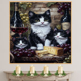 Vineyard Charm: Tuxedo Cat Mom and Two Kittens with Wine and Cheese on Ready to Hang 1.5" Thick Canvas Wrap, Floating Framed Canvas, Flat Rolled Canvas