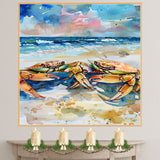 Watercolor Painting of Two Multicolored Crabs on Beach – Coastal Ocean Art Print with Sea and Sunset Background on Ready to Hang 1.5" Thick Canvas Wrap, Floating Framed Canvas, Flat Rolled Canvas
