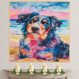 Watercolor Painting of a Multicolored Dog at Sunset – Calm Coastal Pet Portrait Art Print for Beach and Dog Lovers on Ready to Hang 1.5" Thick Canvas Wrap, Floating Framed Canvas, Flat Rolled Canvas