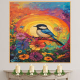 Chickadee Among Bright Wildflowers with Radiant Rainbow Sunburst Background on Ready to Hang 1.5" Thick Canvas Wrap, Floating Framed Canvas, Flat Rolled Canvas