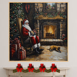 Santa Claus by the Fireplace with Dog – Cozy Christmas Wall Art Print on Ready to Hang 1.5" Thick Canvas Wrap, Floating Framed Canvas, Flat Rolled Canvas