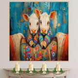 Playful Painting of Two Cows in Colorful Pajamas Sitting Close Under a Patchwork Quilt with Big Eyes and a Bold Blue and Orange Abstract Background on Ready to Hang 1.5" Thick Canvas Wrap, Floating Framed Canvas, Flat Rolled Canvas