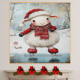 Whimsical Christmas Lamb Ice Skating in Red Santa Hat and Scarf – Cute Holiday Animal Artwork for Winter Nursery Decor, Christmas Gifts, or Seasonal Displays on Ready to Hang 1.5" Thick Canvas Wrap, Floating Framed Canvas, Flat Rolled Canvas