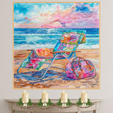 Watercolor Painting of Colorful Reclining Beach Chair with Floral Bag and Blanket on Sand Overlooking Ocean at Sunset on Ready to Hang 1.5" Thick Canvas Wrap, Floating Framed Canvas, Flat Rolled Canvas