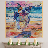 Vibrant Watercolor Dog Running on Beach with Ocean Waves and Birds in Playful Coastal Scene for Pet and Animal Art Lovers on Ready to Hang 1.5" Thick Canvas Wrap, Floating Framed Canvas, Flat Rolled Canvas