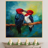 Two Red Headed Birds on Branch with Deep Blue Feathers and Bright Green Background in a Romantic Wildlife Painting Filled with Nature’s Vibrant Beauty on Ready to Hang 1.5" Thick Canvas Wrap, Floating Framed Canvas, Flat Rolled Canvas