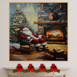 Painting of Santa Claus in a Rocking Chair With Christmas Tree, Puppy & Gifts on Ready to Hang 1.5" Thick Canvas Wrap, Floating Framed Canvas, Flat Rolled Canvas