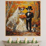 Skeleton Wedding Family in Autumn Forest – Día de los Muertos Style Painting with Floral Details on Ready to Hang 1.5" Thick Canvas Wrap, Floating Framed Canvas, Flat Rolled Canvas