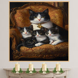 Victorian Elegance: Tuxedo Cat Mom with Four Kittens on a European Style Couch on Ready to Hang 1.5" Thick Canvas Wrap, Floating Framed Canvas, Flat Rolled Canvas