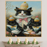 Easter Blessings: Tuxedo Cat Mom Carrying Three Kittens in a Basket with Colorful Eggs - Whimsical Holiday Painting on Ready to Hang 1.5" Thick Canvas Wrap, Floating Framed Canvas, Flat Rolled Canvas