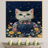 Charming White Cat in Floral Overalls Hand Painted Art Magical Starry Night Scene Perfect for Nursery Kids Room Home Wall Decor Bedroom or Animal Lovers Gift on Ready to Hang 1.5" Thick Canvas Wrap, Floating Framed Canvas, Flat Rolled Canvas