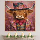 Regal Charm: Highland Cattle in a Victorian-Era European Suit and Hat Whimsical Heartfelt Artwork on Ready to Hang 1.5" Thick Canvas Wrap, Floating Framed Canvas, Flat Rolled Canvas
