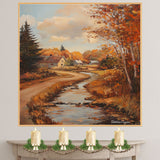 Autumn Stream by the Cottage – Rustic Fall Landscape Oil Painting Print on Ready to Hang 1.5" Thick Canvas Wrap, Floating Framed Canvas, Flat Rolled Canvas