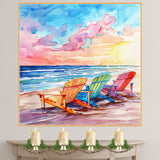 Watercolor Painting of Vibrant Rainbow Beach Chairs Facing Ocean Waves Beneath a Dramatic Sunset Sky on Ready to Hang 1.5" Thick Canvas Wrap, Floating Framed Canvas, Flat Rolled Canvas