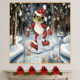 Whimsical Christmas Frog Ice Skating in Festive Red Outfit with Santa Hat and Snowflakes – Adorable Winter Holiday Animal Art for Seasonal Decor or Gifts on Ready to Hang 1.5" Thick Canvas Wrap, Floating Framed Canvas, Flat Rolled Canvas