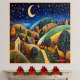 Whimsical Christmas Night with Rolling Hills, Glowing Homes, and Decorated Trees Under a Starry Sky in Folk Art on Ready to Hang 1.5" Thick Canvas Wrap, Floating Framed Canvas, Flat Rolled Canvas