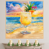 Pina Colada Tropical Drink Watercolor Painting with Pineapple Slice and Flower on Beach at Sunset on Ready to Hang 1.5" Thick Canvas Wrap, Floating Framed Canvas, Flat Rolled Canvas