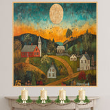 Charming Folk Art Landscape with Country Homes, Sunset Sky, Full Moon, and Flying Birds in a Rustic Americana Scene on Ready to Hang 1.5" Thick Canvas Wrap, Floating Framed Canvas, Flat Rolled Canvas