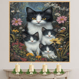 Blossoming Spring Whimsy: Tuxedo Cat Mom and Kittens in a Floral Wonderland on Ready to Hang 1.5" Thick Canvas Wrap, Floating Framed Canvas, Flat Rolled Canvas