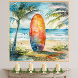Watercolor Painting of a Multicolored Surfboard Standing Upright on a Tropical Beach with Palm Trees and Ocean Waves on Ready to Hang 1.5" Thick Canvas Wrap, Floating Framed Canvas, Flat Rolled Canvas