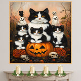 Haunting Whispers: Tuxedo Cat Mom and Four Kittens in a Spooky Forest on Ready to Hang 1.5" Thick Canvas Wrap, Floating Framed Canvas, Flat Rolled Canvas