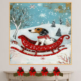 Dachshund in Red Sleigh Winter Forest Scene Whimsical Christmas Dog Wall Art, Holiday Pet Illustration, Cozy Festive Decor or Gift for Dog Lovers on Ready to Hang 1.5" Thick Canvas Wrap, Floating Framed Canvas, Flat Rolled Canvas