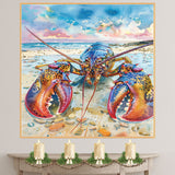 Watercolor Painting of a Colorful Lobster on a Rocky Beach with Ocean Waves and Dramatic Sky in Coastal Marine Style on Ready to Hang 1.5" Thick Canvas Wrap, Floating Framed Canvas, Flat Rolled Canvas