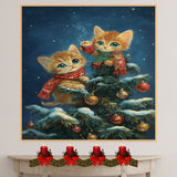 Christmas Kittens Canvas Wall Art – Cute Orange Tabby Cats with Cocoa & Ornaments in Tree – Cozy Holiday Print with Scarves & Snowy Decor on Ready to Hang 1.5" Thick Canvas Wrap, Floating Framed Canvas, Flat Rolled Canvas