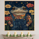 Whimsical Toad Art Print Frog in Floral Shirt Overalls Cute Animal Painting for Nursery Kids Room Nature Inspired Decor Night Sky Theme Frog Artwork on Ready to Hang 1.5" Thick Canvas Wrap, Floating Framed Canvas, Flat Rolled Canvas