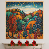 Vibrant Christmas Village with Decorated Trees and Rolling Hills – Festive Folk Art Landscape on Ready to Hang 1.5" Thick Canvas Wrap, Floating Framed Canvas, Flat Rolled Canvas