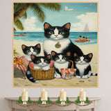 Sun-Kissed Whiskers: Tuxedo Cat Mom and Four Kittens by the Tropical Shore on Ready to Hang 1.5" Thick Canvas Wrap, Floating Framed Canvas, Flat Rolled Canvas