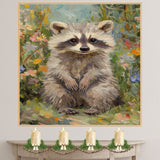 Van Gogh Style Raccoon Canvas Art – Fluffy Woodland Animal Surrounded by Wildflowers Painting on Ready to Hang 1.5" Thick Canvas Wrap, Floating Framed Canvas, Flat Rolled Canvas