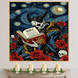 Gothic Devil Reading the Bible – Surreal Starry Night & Skull Rose Aesthetic Dark Art Print on Ready to Hang 1.5" Thick Canvas Wrap, Floating Framed Canvas, Flat Rolled Canvas