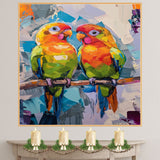 Colorful Abstract Parakeet Pair in Modern Palette Knife Painting Style with Bold Brushstrokes and Vibrant Tropical Bird Expressions on Perch on Ready to Hang 1.5" Thick Canvas Wrap, Floating Framed Canvas, Flat Rolled Canvas