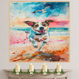 Playful Watercolor Dog Running on Beach with Colorful Sky and Seagulls in Energetic Coastal Pet Wall Art on Ready to Hang 1.5" Thick Canvas Wrap, Floating Framed Canvas, Flat Rolled Canvas