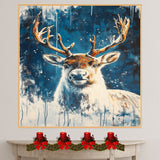 Snowy Reindeer Portrait Winter Wonderland Abstract Painting Majestic Wildlife Scene for Holiday Seasonal Home Office Decoration or Christmas Gift on Ready to Hang 1.5" Thick Canvas Wrap, Floating Framed Canvas, Flat Rolled Canvas