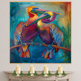 Colorful Pelican Pair Artwork with Rainbow Plumage and Long Beaks Perched Together on a Branch Against a Vibrant Teal Blue and Orange Tropical Background on Ready to Hang 1.5" Thick Canvas Wrap, Floating Framed Canvas, Flat Rolled Canvas